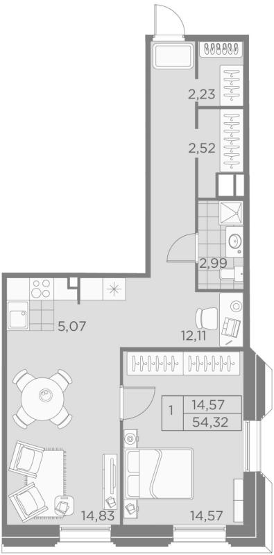 1-комнатная квартира, 54.32 м2