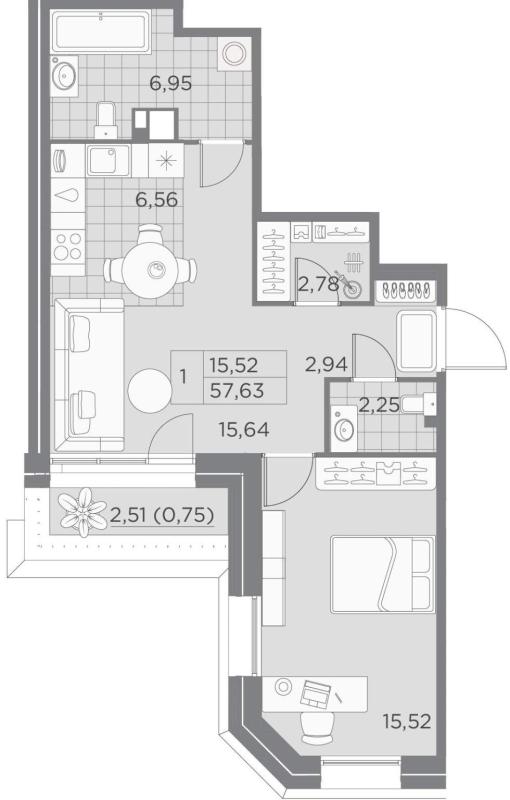 1-комнатная квартира, 57.63 м2
