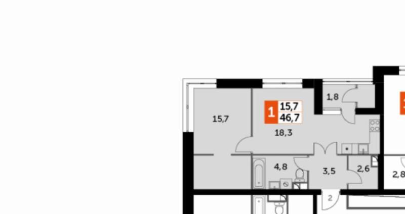 1-комнатная квартира, 46.7 м2