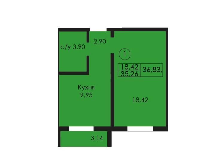 1-комнатная квартира, 36.83 м2