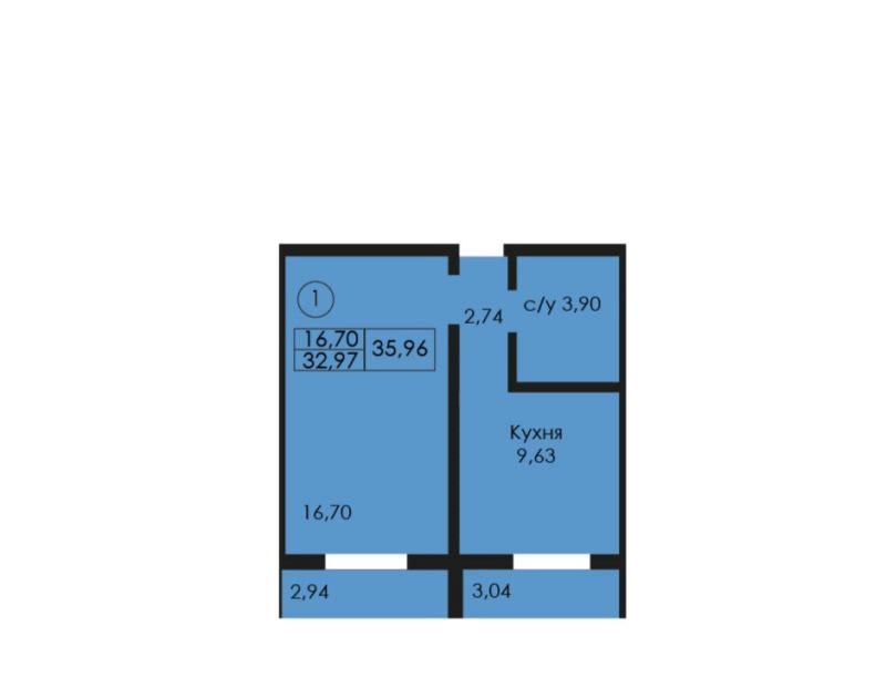 1-комнатная квартира, 35.96 м2
