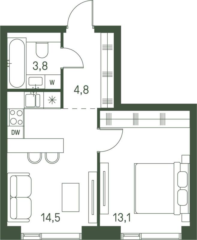 1-комнатная квартира, 36.2 м2