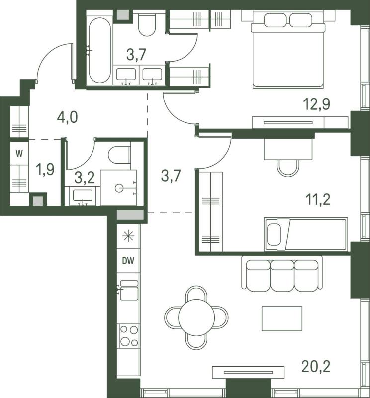 2-комнатная квартира, 60.8 м2