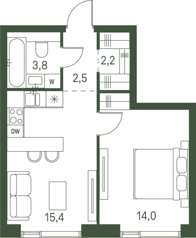 1-комнатная квартира, 37.9 м2