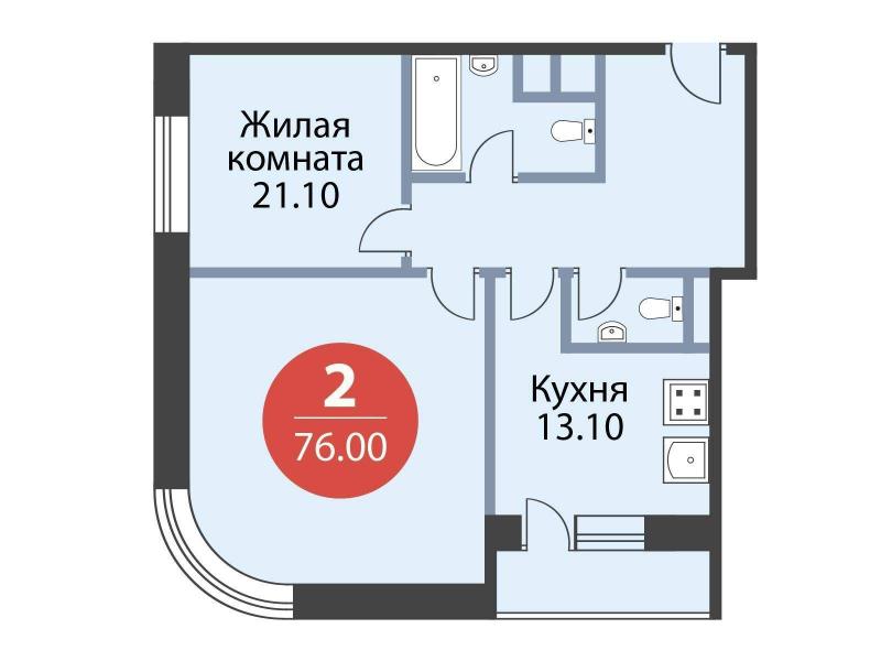 2-комнатная квартира, 76 м2