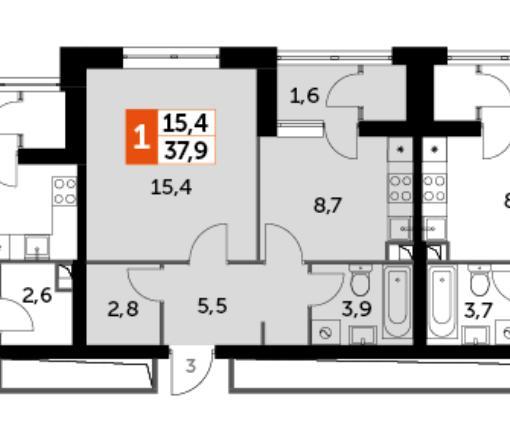 1-комнатная квартира, 37.9 м2