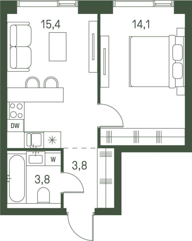 1-комнатная квартира, 37.1 м2
