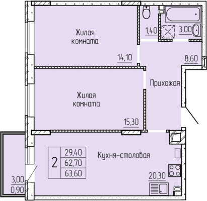2-комнатная квартира, 64.3 м2