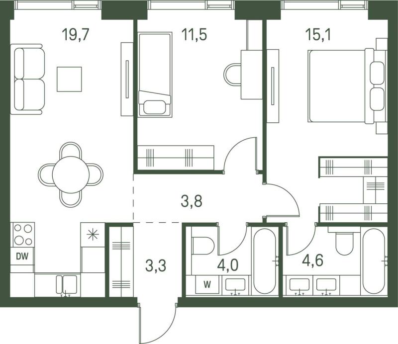 2-комнатная квартира, 62 м2