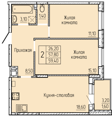2-комнатная квартира, 59.3 м2