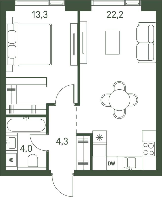 1-комнатная квартира, 43.8 м2