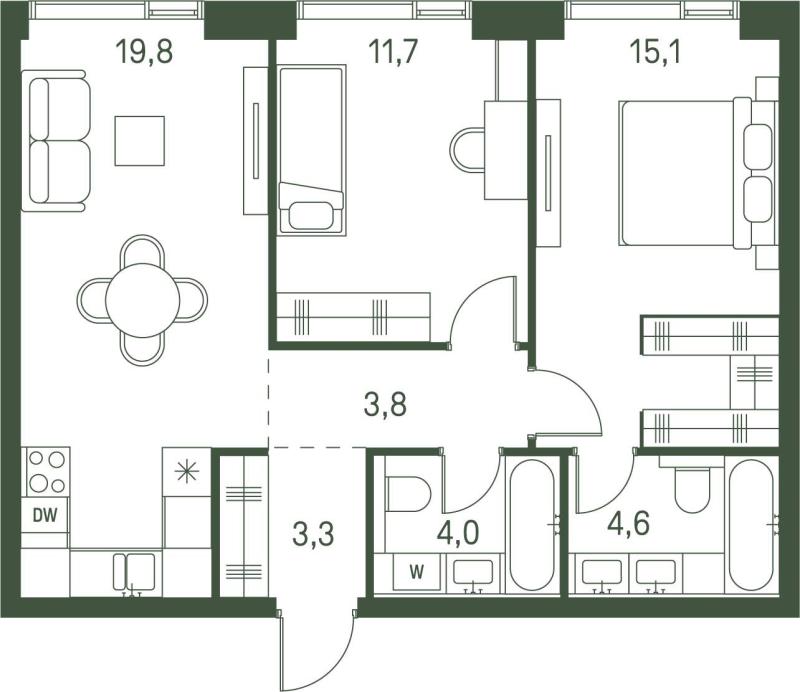 2-комнатная квартира, 62.3 м2