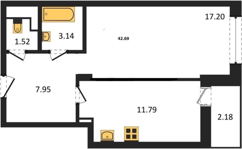 1-комн. квартира, 42 м², 11/17 этаж