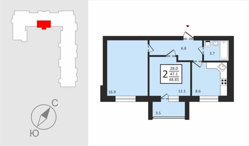 2-комнатная квартира, 48.6 м2