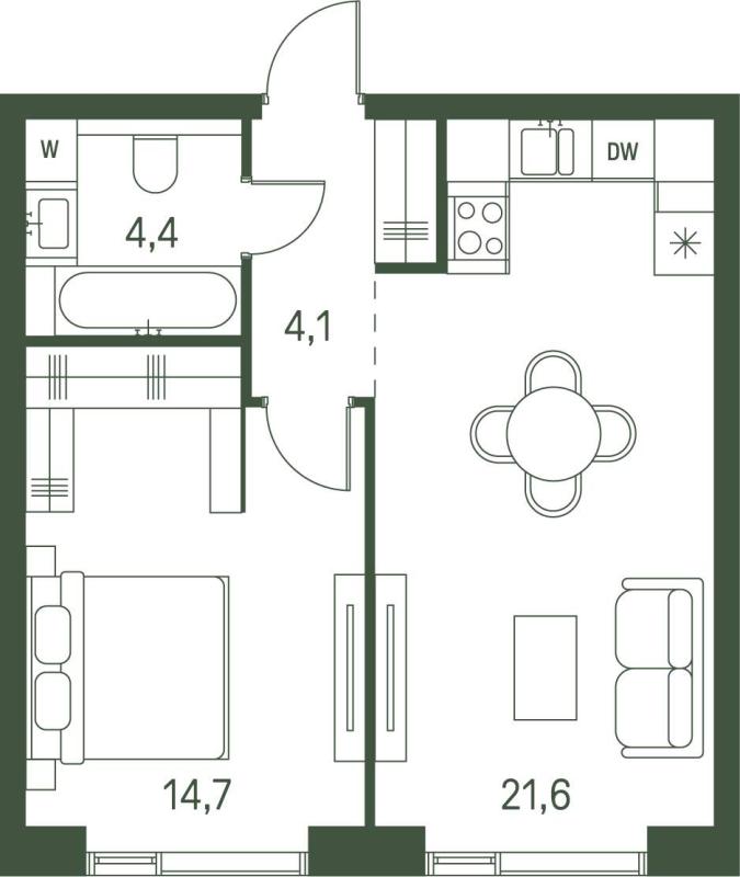 1-комнатная квартира, 44.8 м2