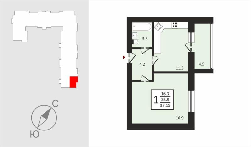 1-комнатная квартира, 38.15 м2