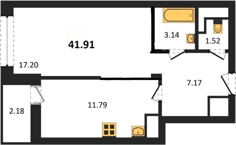 1-комнатная квартира, 41.92 м2