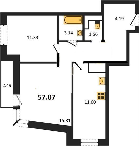2-комн. квартира, 57 м², 6/17 этаж