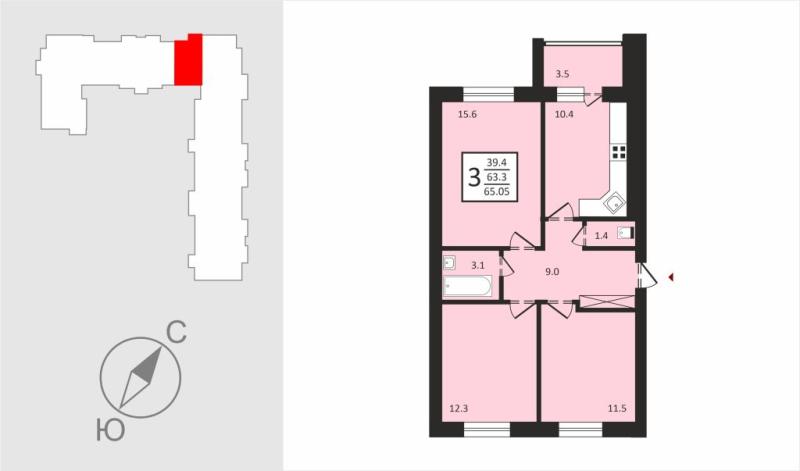 3-комнатная квартира, 65 м2