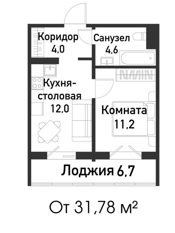 1-комнатная квартира, 31.78 м2