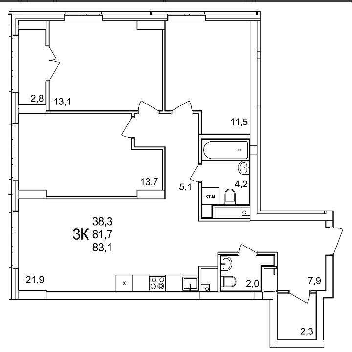 3-комнатная квартира, 83.1 м2