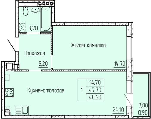 1-комнатная квартира, 48.6 м2