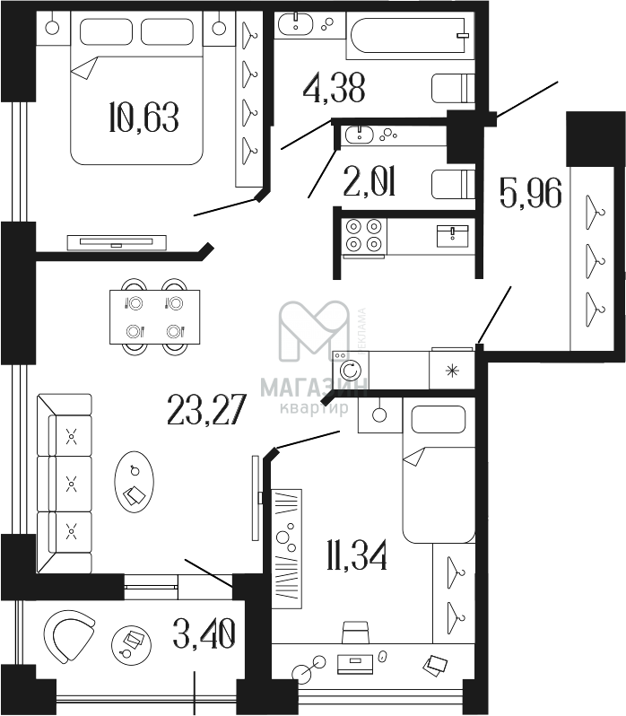 3-комнатная квартира, 58.89 м2