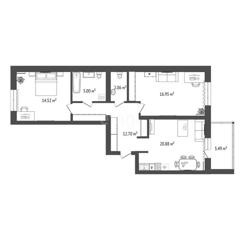 2-комн. квартира, 71 м², 2/14 этаж