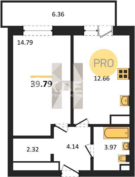 1-комнатная квартира, 39.79 м2