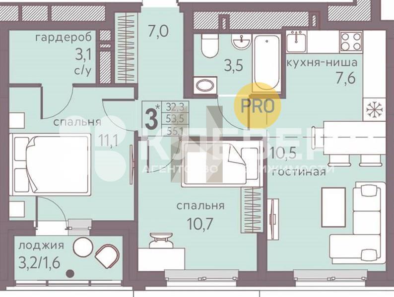 3-комнатная квартира, 55.1 м2