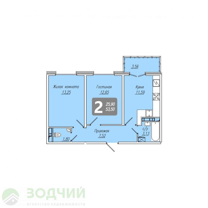 2-комнатная квартира, 53.5 м2
