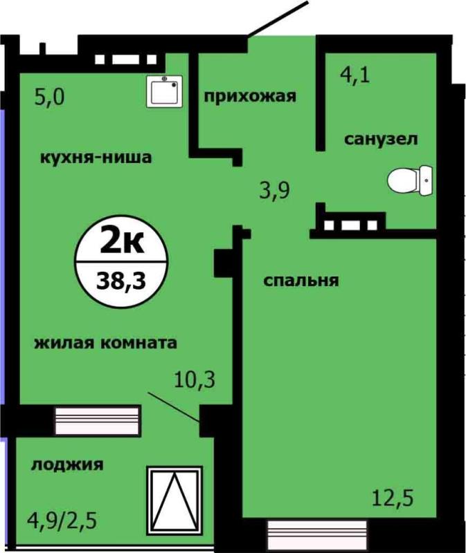 2-комнатная квартира, 38.3 м2