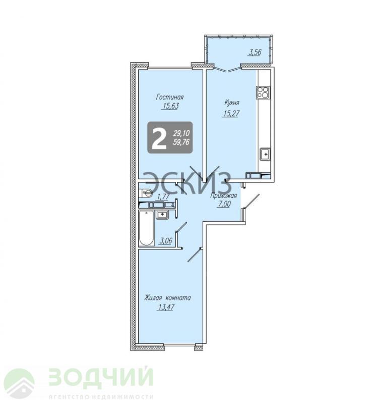 2-комнатная квартира, 59.76 м2