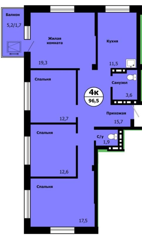 4-комнатная квартира, 96.5 м2