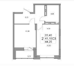 2-комнатная квартира, 44.25 м2