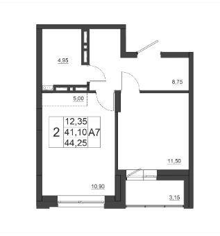 2-комнатная квартира, 44.25 м2