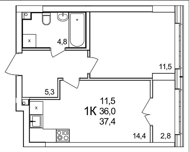 1-комнатная квартира, 36.3 м2