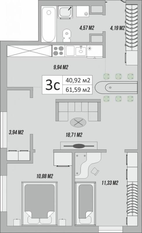 3-комнатная квартира, 65 м2