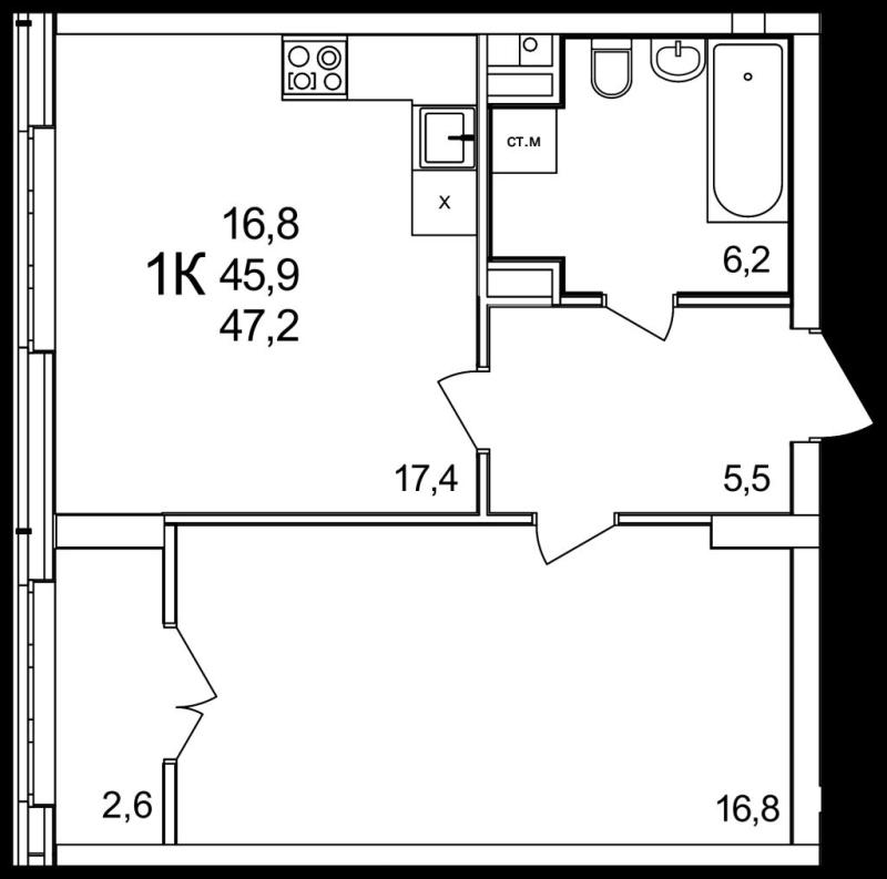 1-комнатная квартира, 47.2 м2