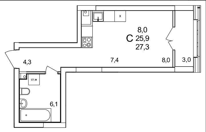 1-комнатная квартира, 26.5 м2