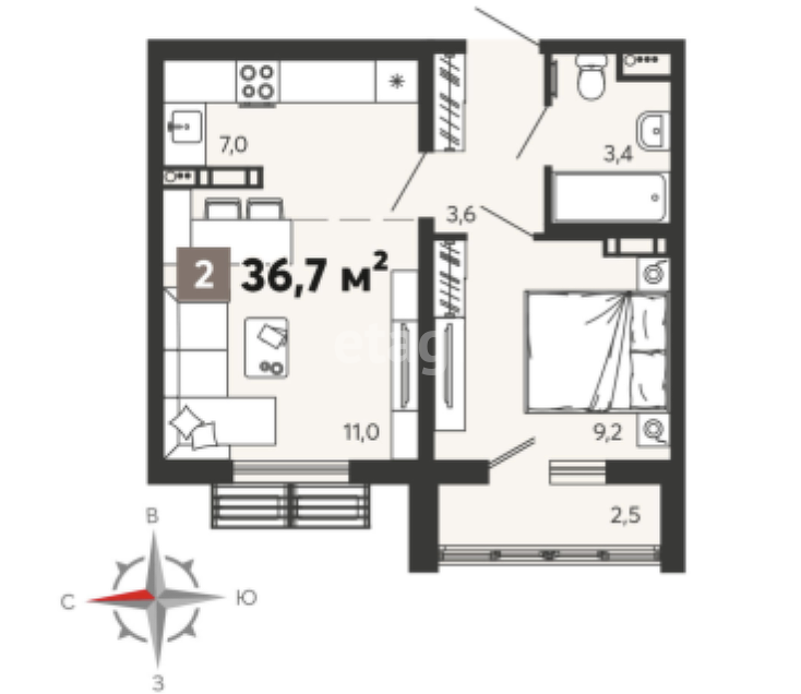 1-комнатная квартира, 36.7 м2
