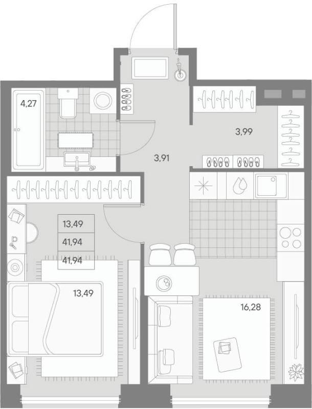 1-комнатная квартира, 41.94 м2