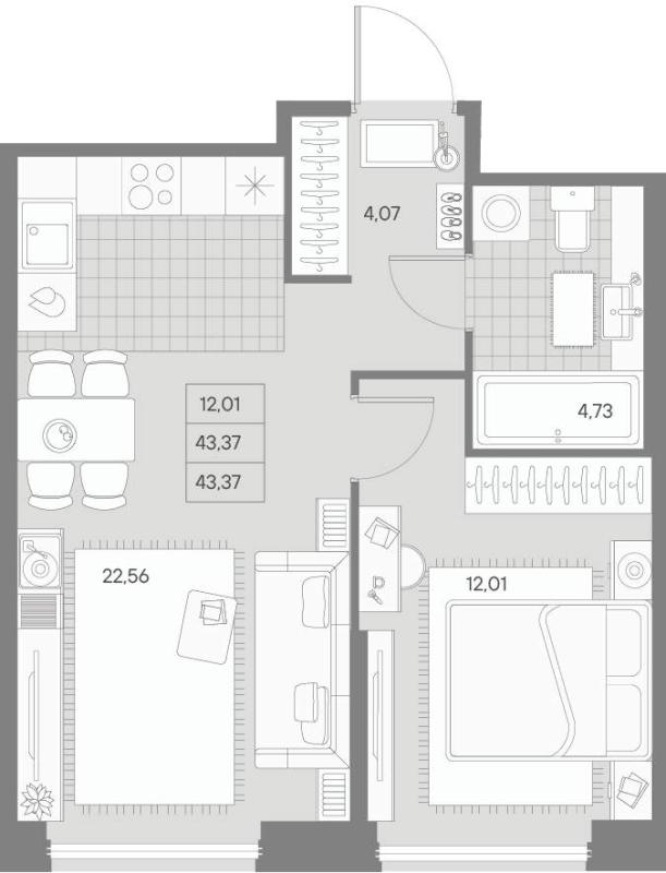 1-комнатная квартира, 43.37 м2