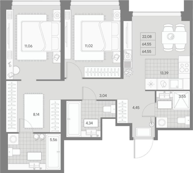 2-комнатная квартира, 64.55 м2