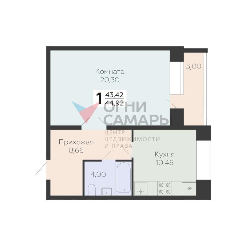 1-комнатная квартира, 44.93 м2
