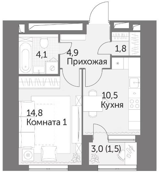 1-комнатная квартира, 37.6 м2