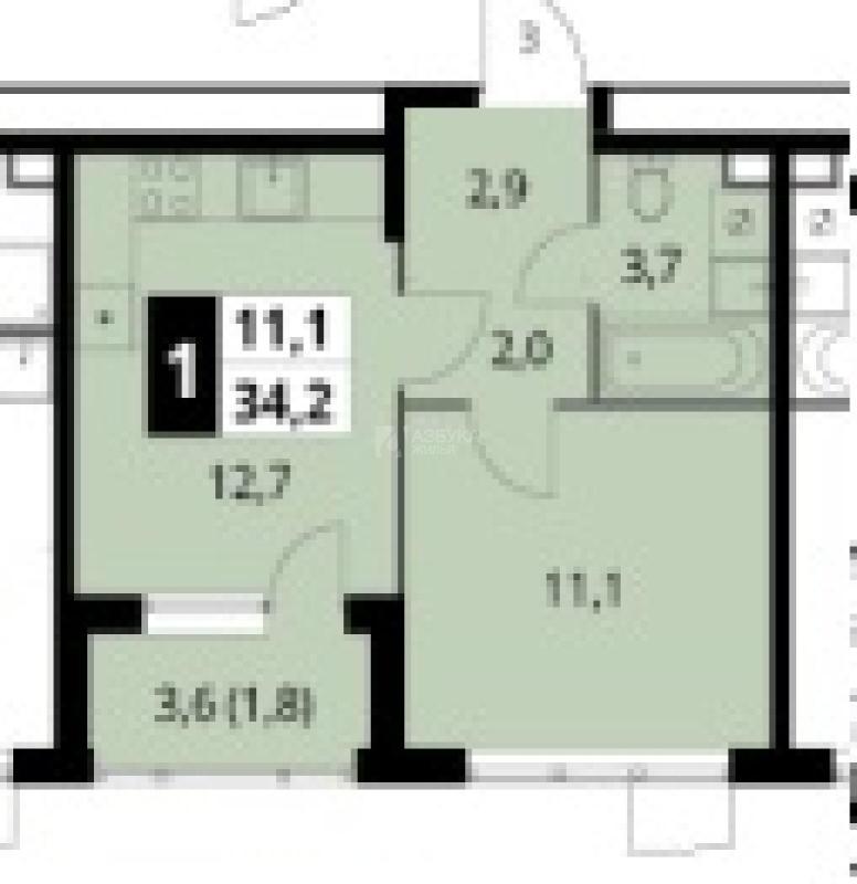 1-комнатная квартира, 34.2 м2