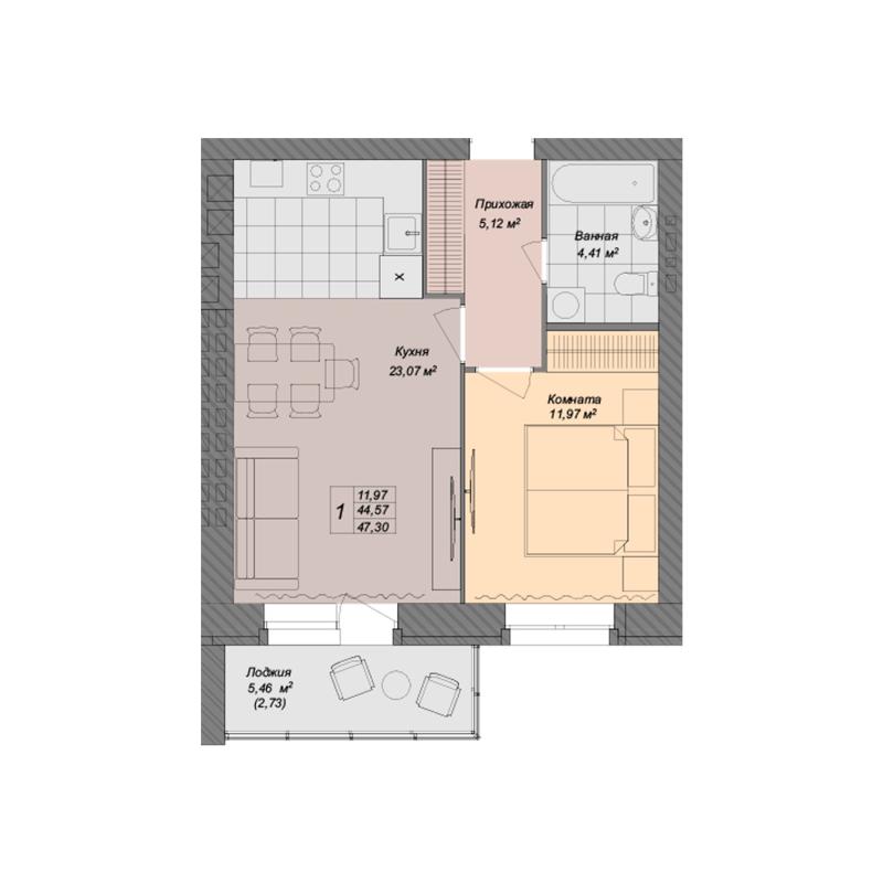 1-комнатная квартира, 47.3 м2