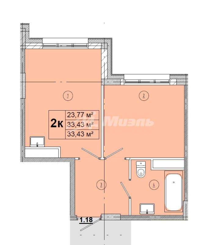 2-комнатная квартира, 33.43 м2