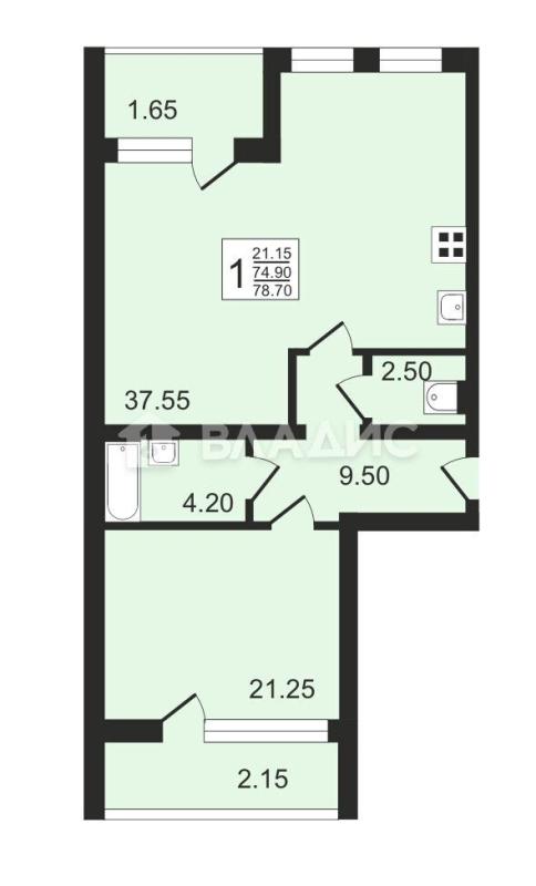 1-комнатная квартира, 78.7 м2